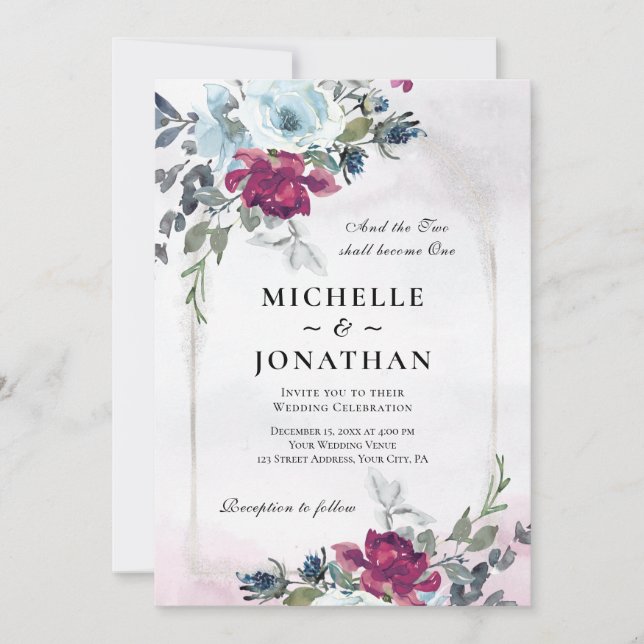 Burgundy Dusty Blue Rose Garden Christian Wedding Invitation (Front)