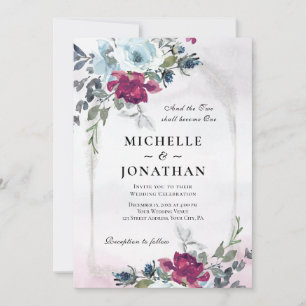 Burgundy Dusty Blue Rose Garden Christian Wedding Invitation