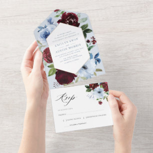  burgundy dusty blue watercolor floral wedding all in one invitation