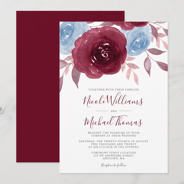 Burgundy Dusty Blue Watercolor Floral Wedding Invitation (Front/Back)