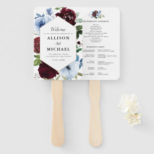 burgundy dusty blue wedding program hand fan