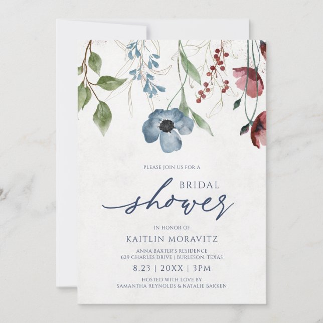 Burgundy & Dusty Blue Wildflower Bridal Shower Invitation (Front)