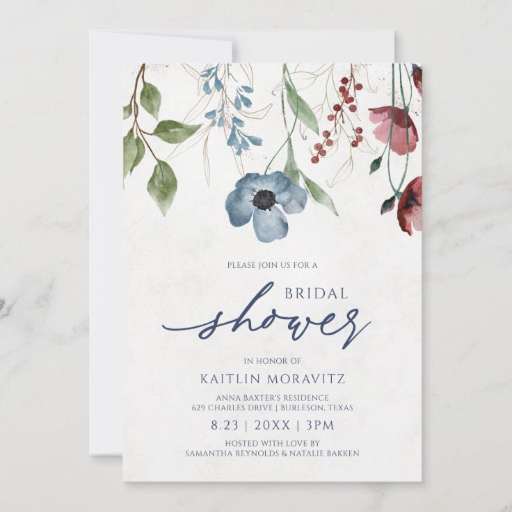 Burgundy And Dusty Blue Wildflower Bridal Shower Invitation Zazzle