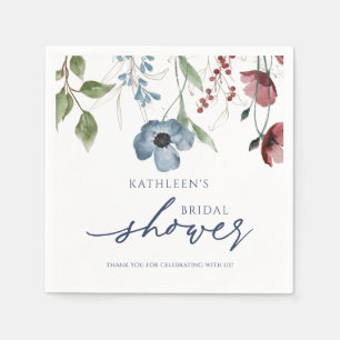 Burgundy & Dusty Blue Wildflowers Bridal Shower Napkin