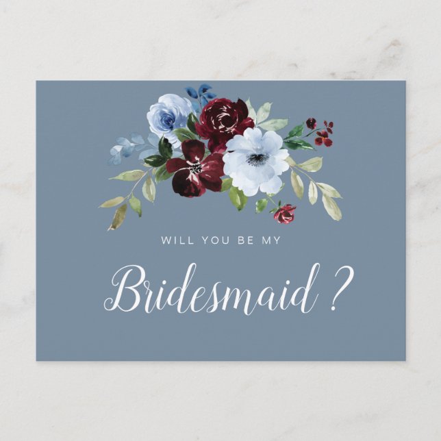 burgundy dusty blue will you be my Bridesmaid card (Front)