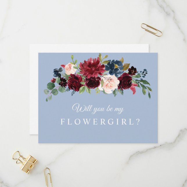 burgundy dusty blue will you be my flowergirl card (Front/Back In Situ)