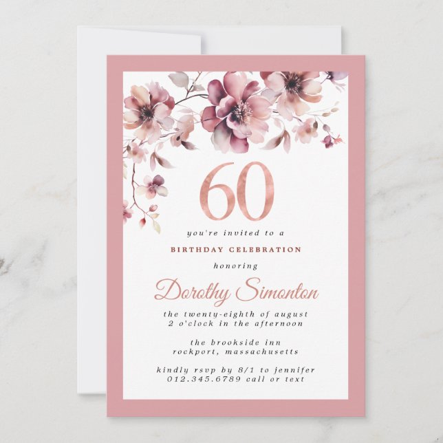 Burgundy Dusty Blush Pink Floral 60th Birthday Invitation (Front)