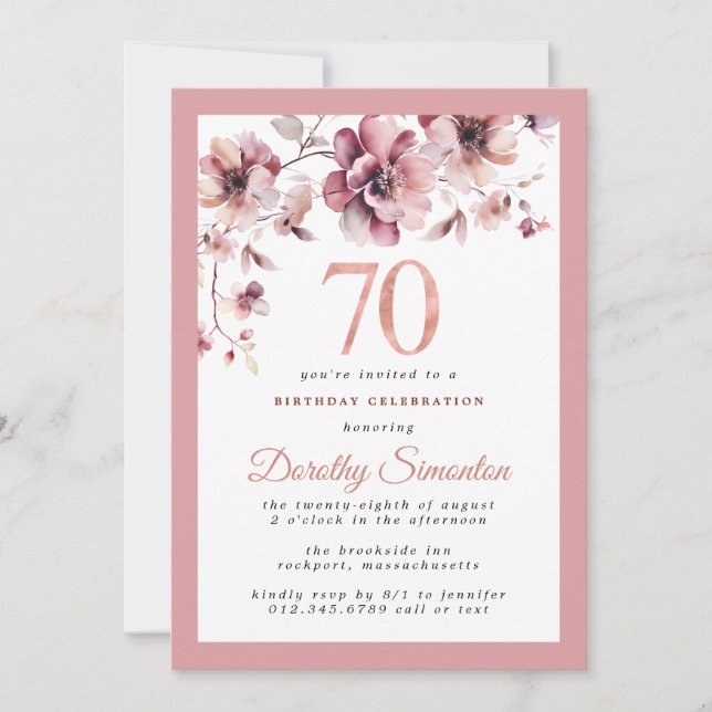 Burgundy Dusty Blush Pink Floral 70th Birthday Invitation (Front)