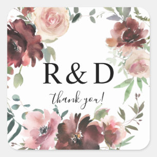 Burgundy & Dusty Blush Pink Floral Monogram Square Sticker