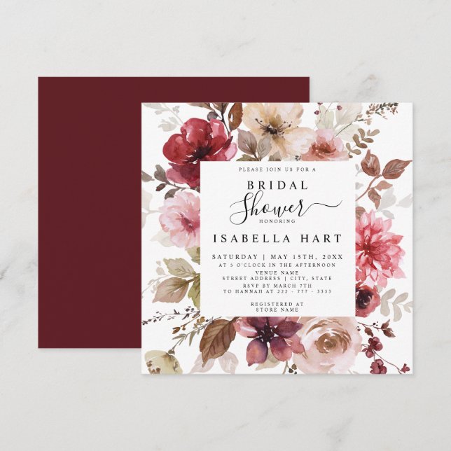 Burgundy Dusty Pink Fall Floral Bridal Shower Invitation (Front/Back)