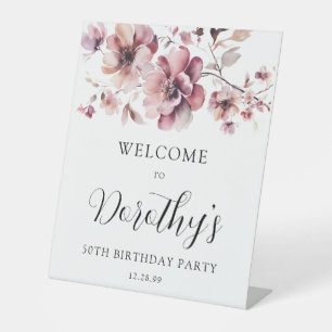 Burgundy Dusty Pink Floral 50th Birthday Welcome Pedestal Sign