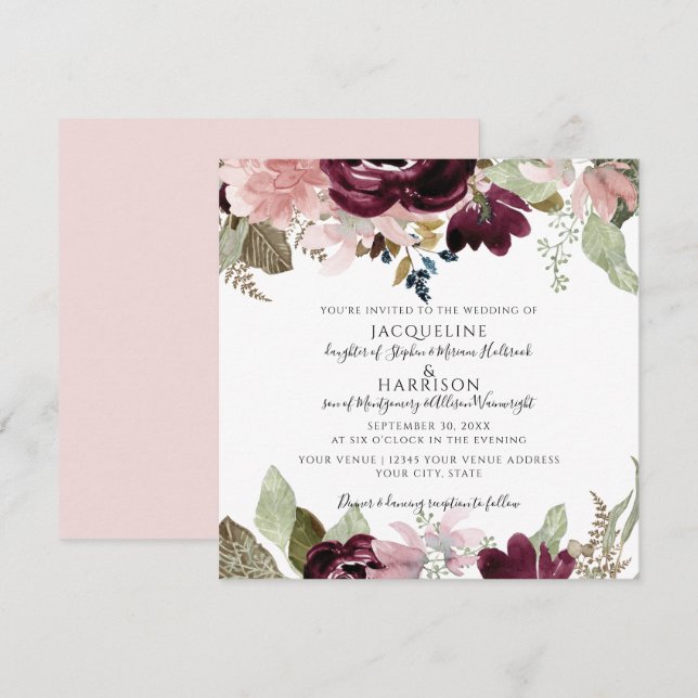 Burgundy Dusty Pink Floral Elegant Foliage Wedding Invitation (Front/Back)