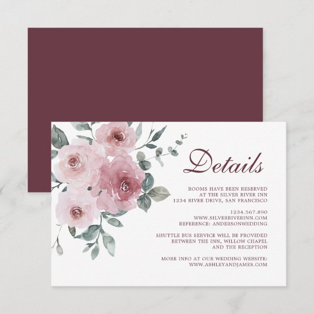 Burgundy Dusty Pink Floral Wedding Details Enclosu Enclosure Card (Front/Back)