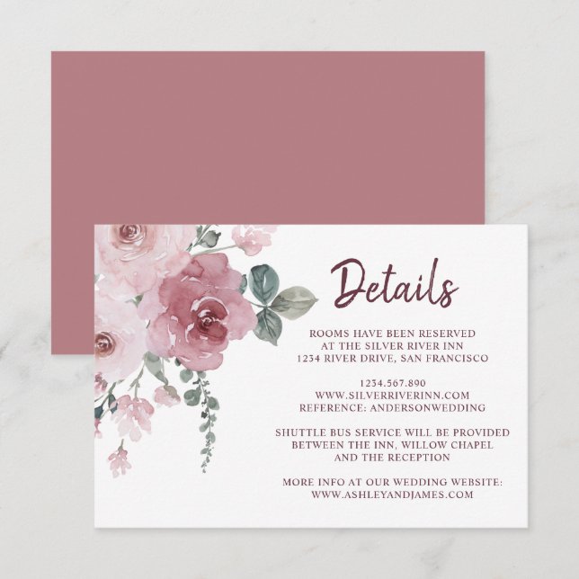 Burgundy Dusty Pink Floral Wedding Details Enclosure Card (Front/Back)