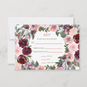Burgundy Dusty Pink Rose Watercolor Wedding RSVP Card