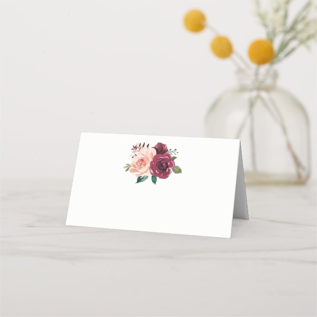Burgundy Dusty Pink Roses Floral Wedding Place Card (Front)