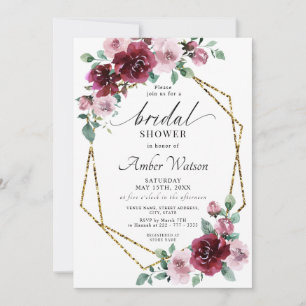 Burgundy Dusty Rose Floral Gold Foil Bridal Shower Invitation