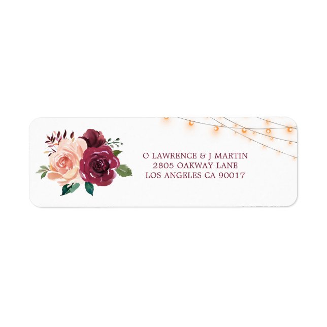 Burgundy Dusty Rose Floral Lights Wedding Address (Front)