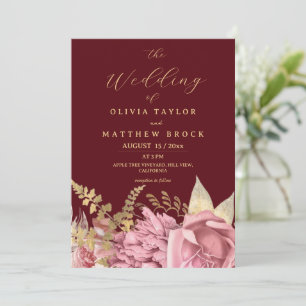 Burgundy Dusty Rose Floral Modern Wedding Photo Invitation