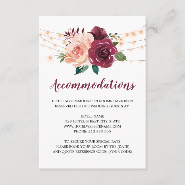 Burgundy Dusty Rose Floral Wedding Accommodations Enclosure Card (Front)