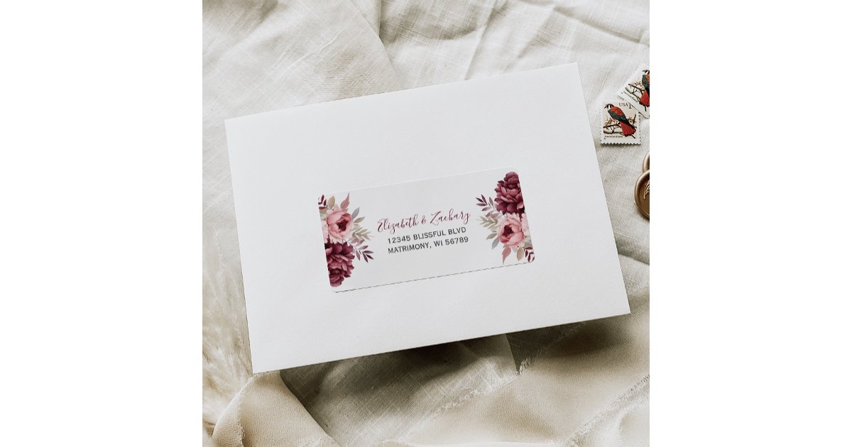 Burgundy Dusty Rose Floral Wedding RSVP Address Label | Zazzle