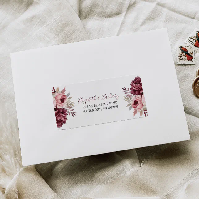 Burgundy Dusty Rose Floral Wedding RSVP Address Label | Zazzle