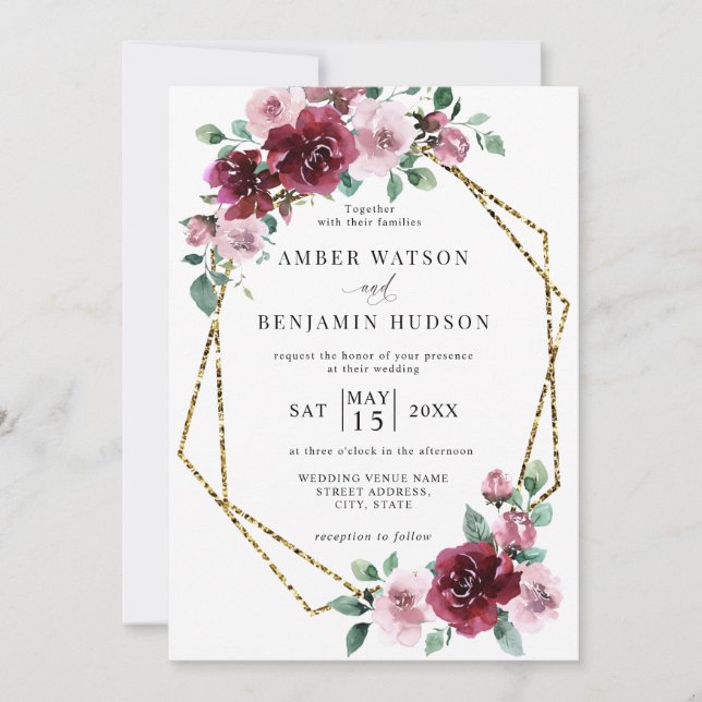 Burgundy Dusty Rose Gold Foil Floral Wedding Invitation (Front)