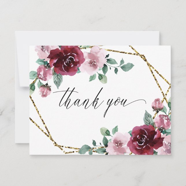 Burgundy Dusty Rose Pink Floral Gold Foil Wedding Thank You Card (Front)
