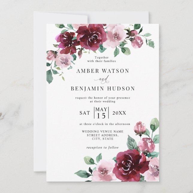 Burgundy & Dusty Rose Pink Floral Maroon Wedding Invitation (Front)
