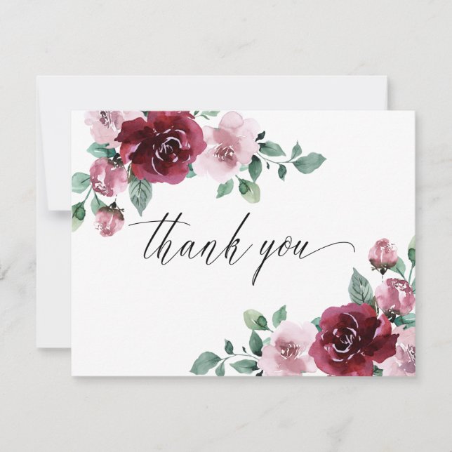Burgundy & Dusty Rose Pink Floral Maroon Wedding Thank You Card (Front)