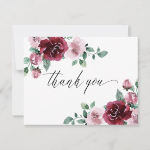 Burgundy & Dusty Rose Pink Floral Maroon Wedding Thank You Card