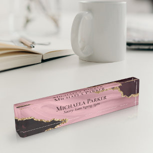 Burgundy Dusty Rose Pink Gold Agate Geode Nameplate