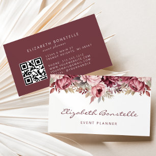Burgundy Dusty Rose Watercolor Floral QR Code Business Card