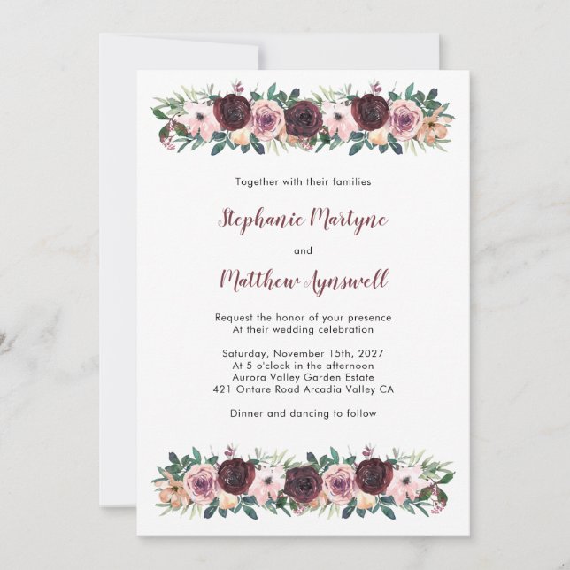 Burgundy Dusty Rose Watercolor Floral Wedding Invitation (Front)