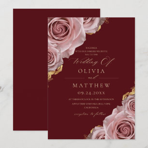 Burgundy & Dusty Roses Elegant Modern Wedding Invitation