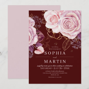 Burgundy & Dusty Roses Floral Boho Wedding Invitation
