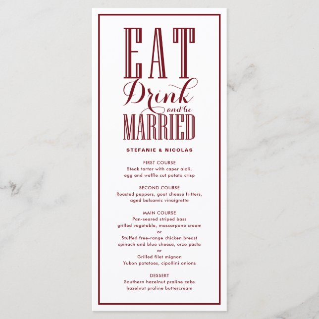 Burgundy Eat, Drink and Be Married Wedding Menu (Front)