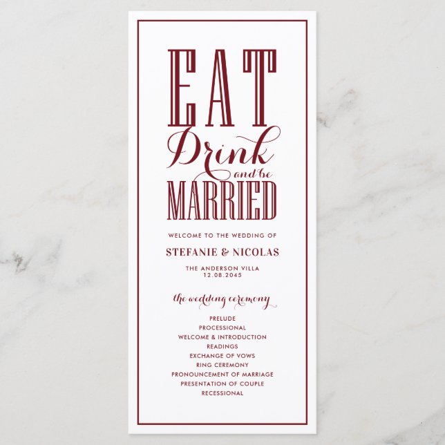 Burgundy Eat Drink and be Married Wedding Programme (Front)