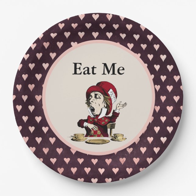Burgundy Eat Me Mad Hatter Alice in Wonderland Paper Plate (Front)
