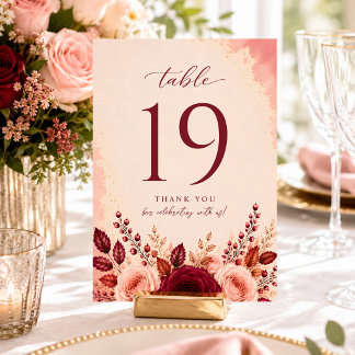 Burgundy Elegance Blush Floral Wedding Table Number