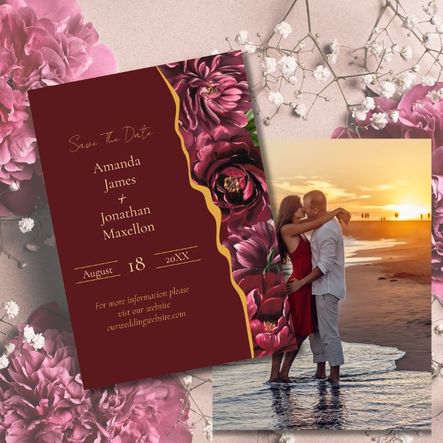 Burgundy Elegance with Gold Custom Photo Wedding Save The Date (Creator Uploaded)