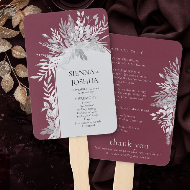 Burgundy Elegant Botanical Arch Wedding Program Hand Fan (Program fans in burgundy and grey from the Foliage Duet Collection by Darling & May)