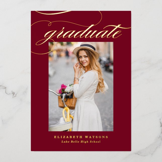 Burgundy Elegant Calligraphy Photo Graduation Gold (Front)