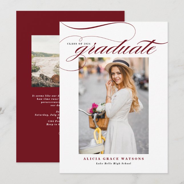 Burgundy Elegant Calligraphy Photo Graduation Invitation (Front/Back)