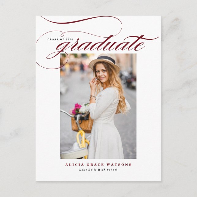 Burgundy Elegant Calligraphy Photo Graduation Invitation Postcard (Front)