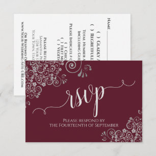 Burgundy Elegant Calligraphy Silver Frills Wedding RSVP Card