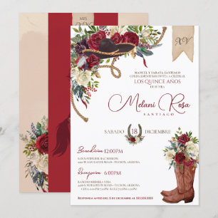 Burgundy Elegant Charro Spanish Quinceanera Invitation