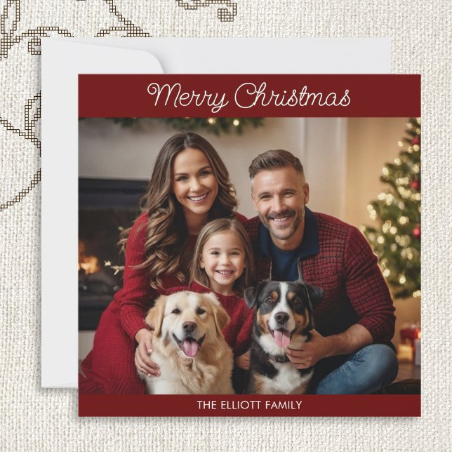 Burgundy Elegant Chic Simple Minimal Script Photo  Holiday Card (An elegant and simple dark red Christmas card, to personalize with a photo and name(s))