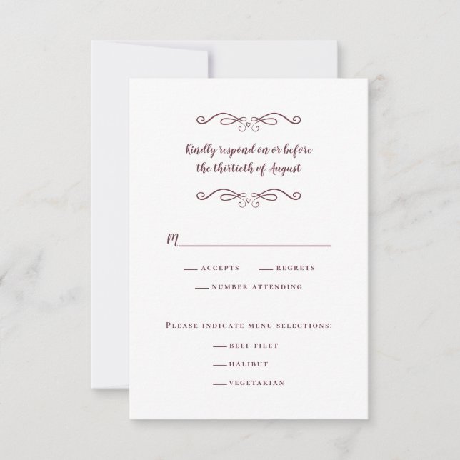 Burgundy Elegant Classic Wedding Meal Choice RSVP Card (Front)