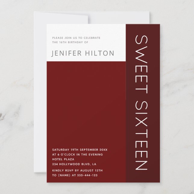 Burgundy elegant colour block sweet sixteen  invitation (Front)
